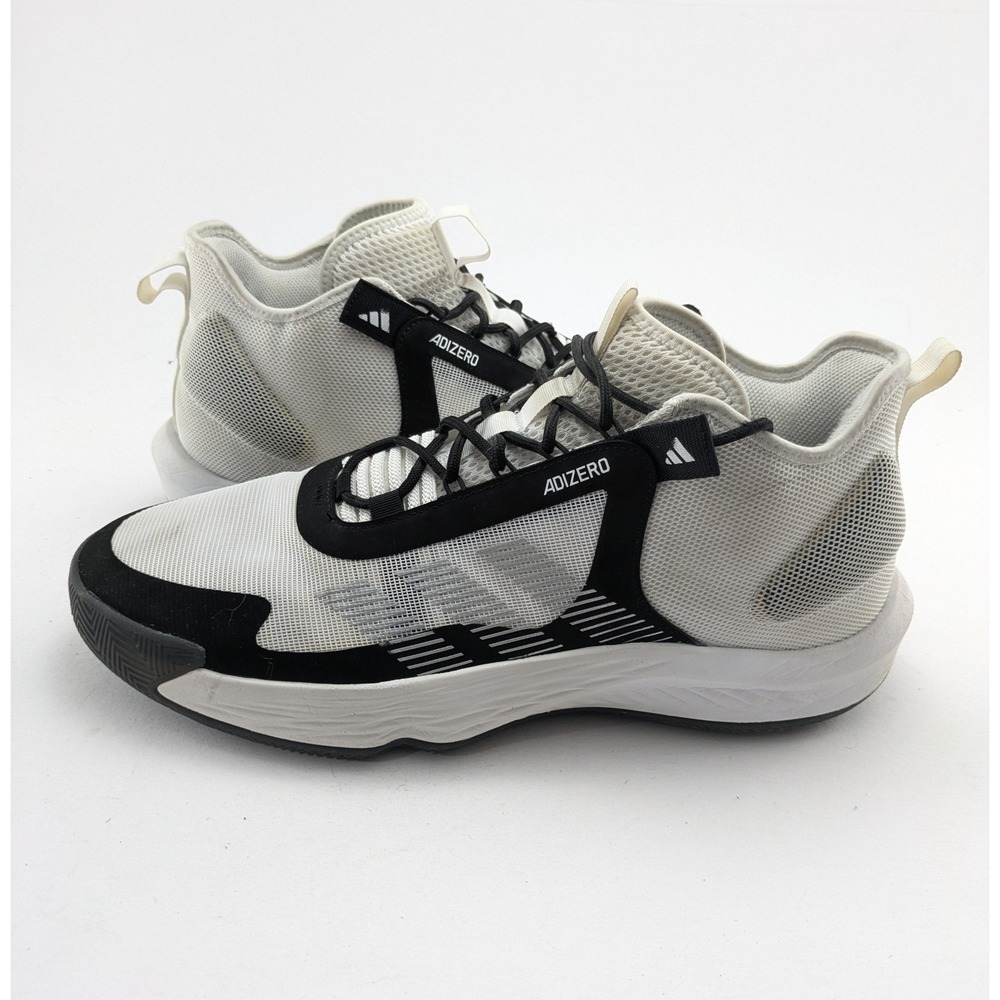 Mens Adidas White Black Mid Top Adizero Basketball Shoes IE9322 Size 14.5